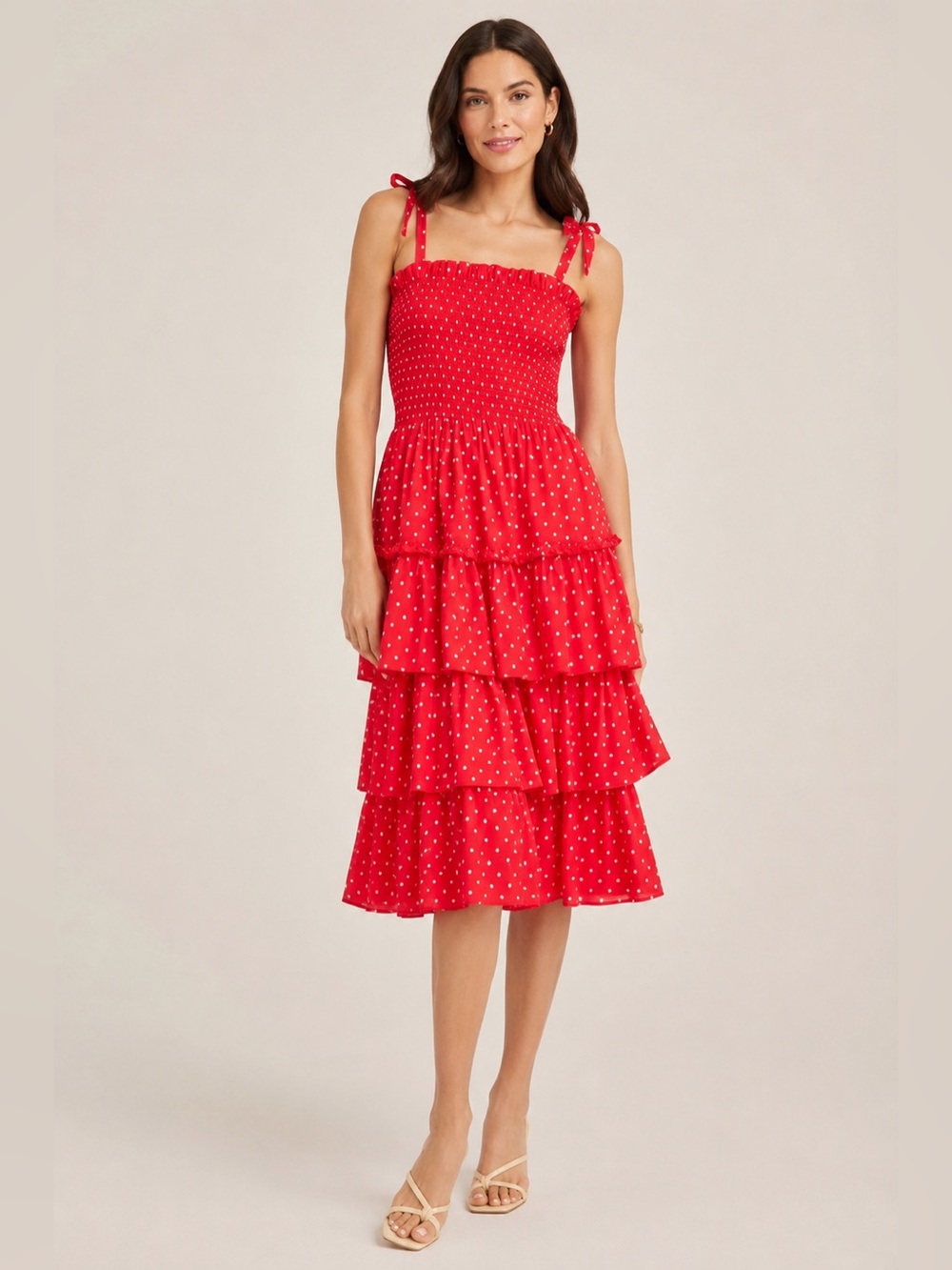 Draper James Red Polka Dot Smocked Tiered Midi Dress XS Cottagecore Sundress